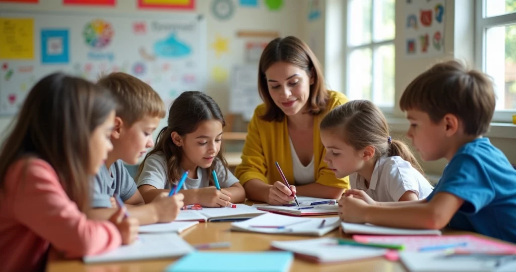 Crianças e adolescentes participando de atividade extracurricular em sala com professor orientando, ambiente escolar colorido, quadro branco ao fundo com desenhos e materiais educativos sobre a mesa