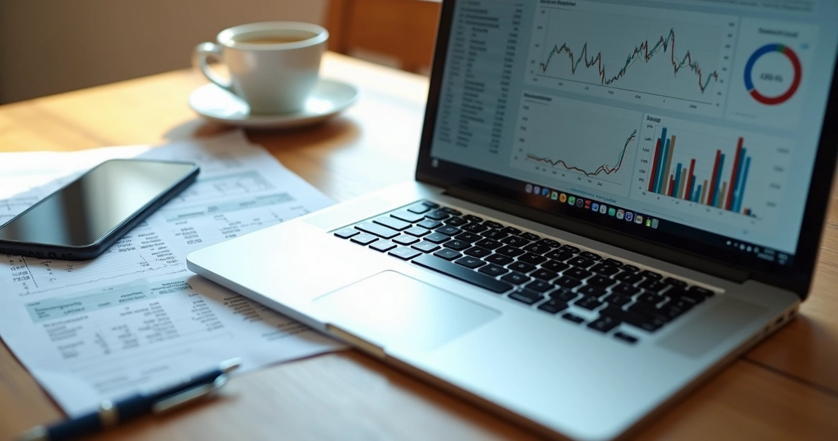 Mesa de escritório com laptop, planilhas financeiras e calculadora organizada para gestão financeira escolar