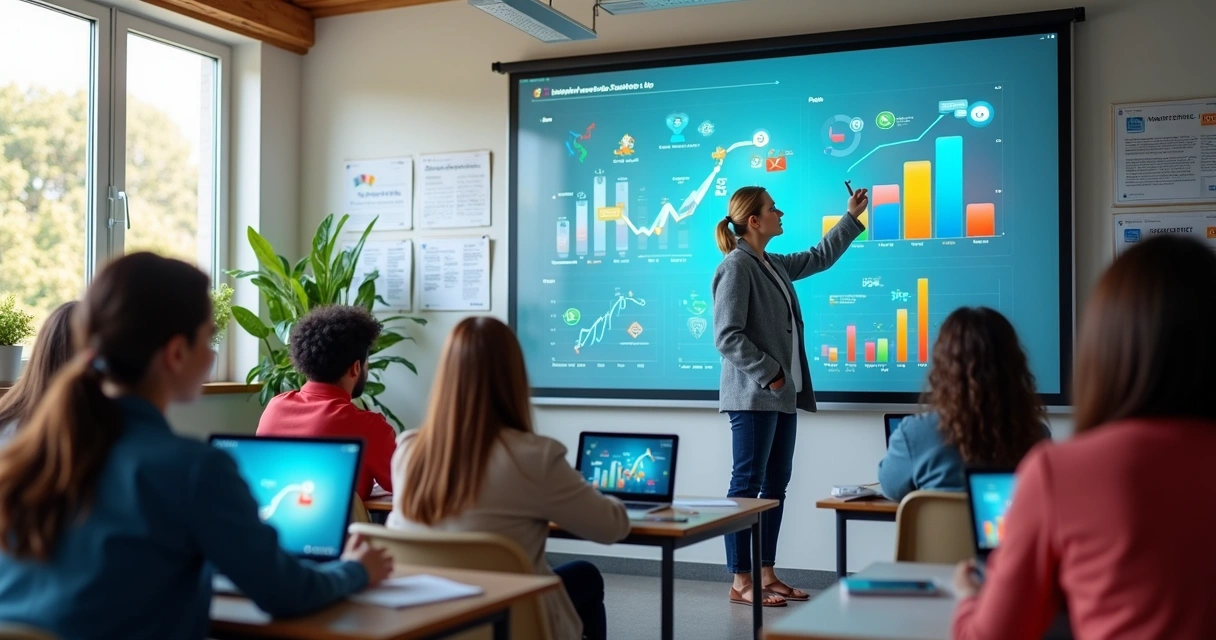 Sala de aula moderna com alunos usando laptops e professor apresentando gráficos digitais em tela interativa