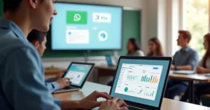 Professor usando plataforma digital para gerenciar aulas com alunos em sala de aula moderna