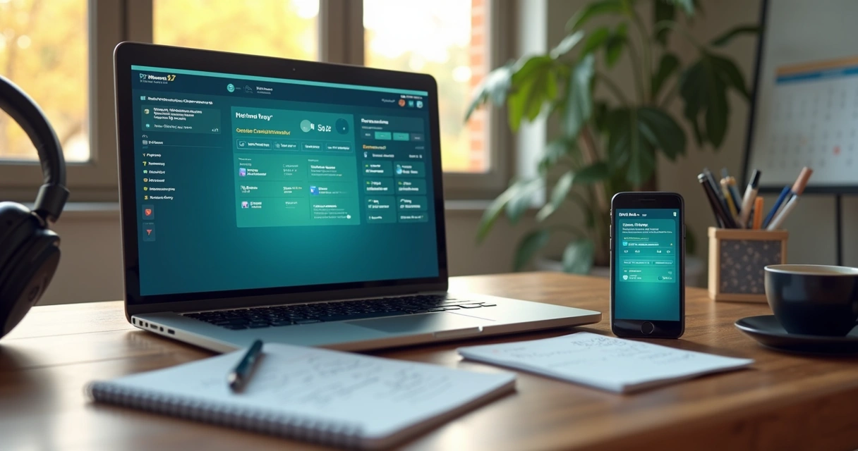 Tela de computador e celular exibindo sistema de gestão escolar para cursos livres com interface integrada ao WhatsApp e controle de pagamentos digitais