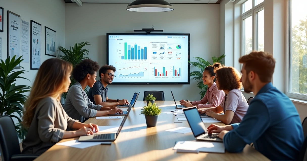 Equipe escolar reunida em volta de mesa com tablets e computadores, discutindo estratégias para retenção de alunos