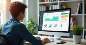 Profissional em ambiente escolar usando sistema de gestão em computador com gráficos e notificações no WhatsApp na tela