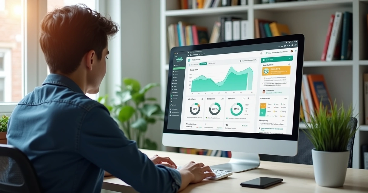 Profissional em ambiente escolar usando sistema de gestão em computador com gráficos e notificações no WhatsApp na tela