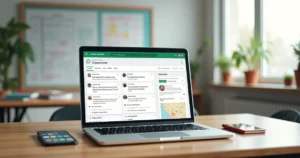 Computador aberto mostrando a interface do Google Classroom com professores e alunos interagindo digitalmente