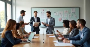 Equipe escolar reunida em sala iluminada discutindo estratégias de gestão escolar com laptops e documentos