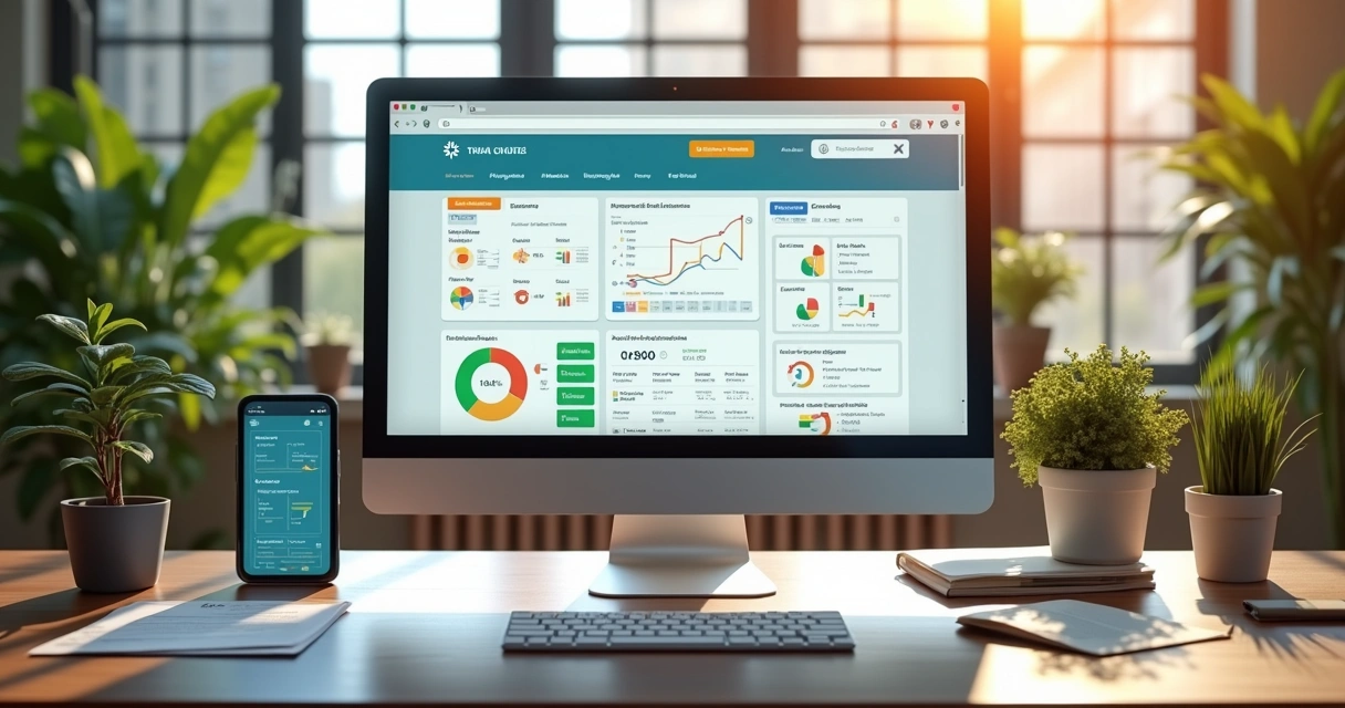Computador com sistema de gestão escolar aberto na tela em ambiente de escritório moderno e organizado