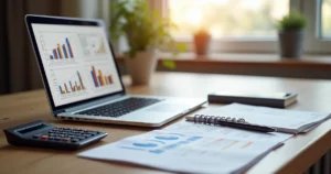 Mesa organizada com computador, calculadora, planilhas financeiras e caderno para gestão financeira de cursos livres