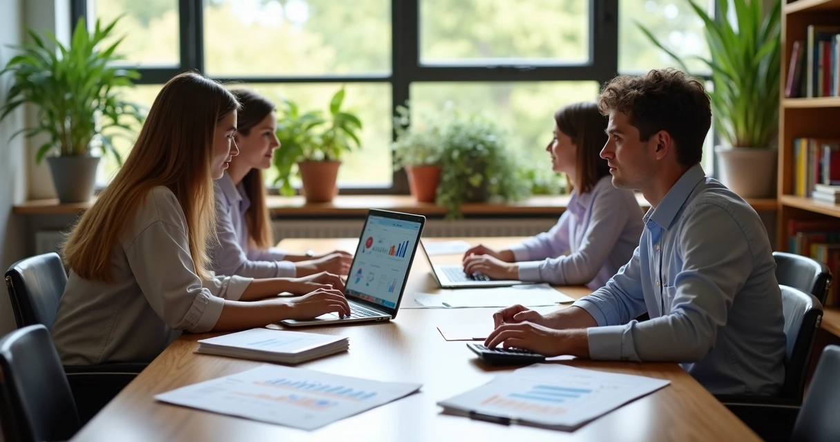 Professores e gestores analisando gráficos financeiros em laptop e tablet numa mesa de reunião escolar
