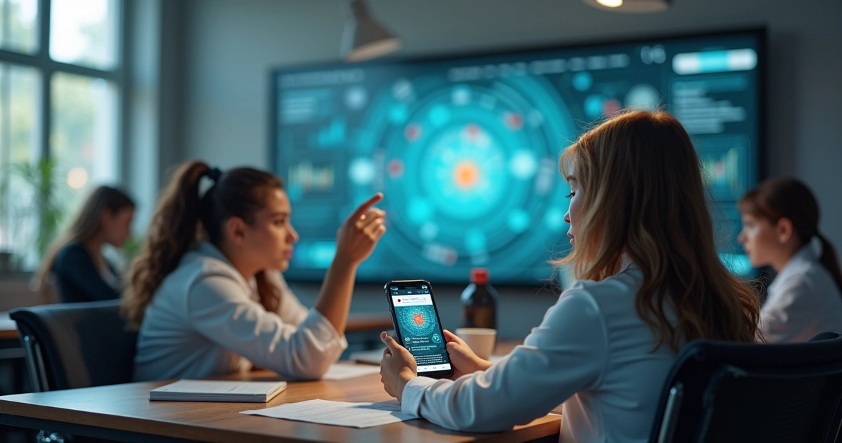 Gestores escolares usando plataforma de gestão integrada em computador com notificações no celular em ambiente moderno de escola