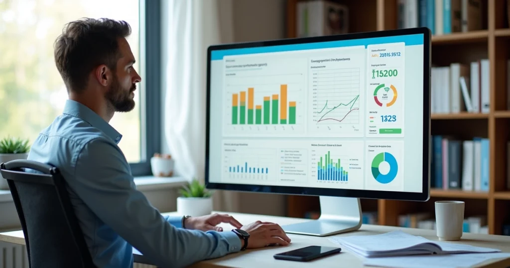 Gestor analisando relatório de desempenho com gráficos e tabelas em tela de computador