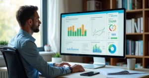 Gestor analisando relatório de desempenho com gráficos e tabelas em tela de computador