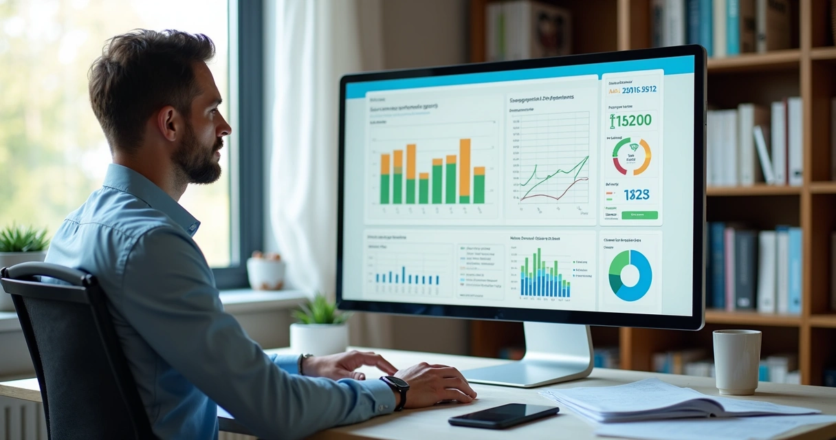 Gestor analisando relatório de desempenho com gráficos e tabelas em tela de computador