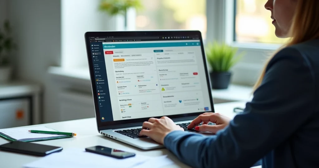 Gestor usando computador com portal do aluno aberto na tela, mostrando comunicação, pagamentos e documentos digitais