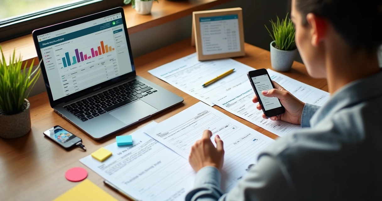 Gestor organizando documentos de matrículas com laptop, calendários e listas de alunos