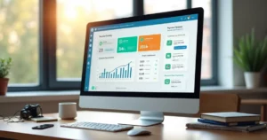 Painel de sistema digital em computador mostrando fluxo de cobranças escolares e notificações automatizadas via WhatsApp