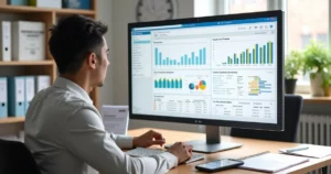 Gestora escolar analisando painel financeiro digital com gráficos e boletos em tela de computador