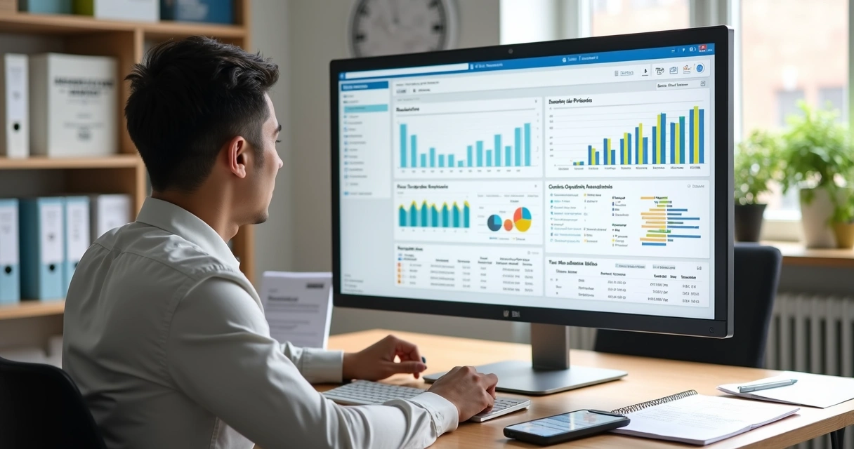 Gestora escolar analisando painel financeiro digital com gráficos e boletos em tela de computador