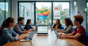 Equipe escolar analisando estratégias de marketing para aumentar matrículas em ambiente moderno