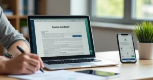 Gestor de escola analisando contrato digital em notebook com tablet e smartphone sobre a mesa