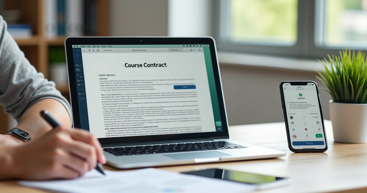 Gestor de escola analisando contrato digital em notebook com tablet e smartphone sobre a mesa