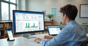 Gestor escolar analisando painel digital de controle de matrículas