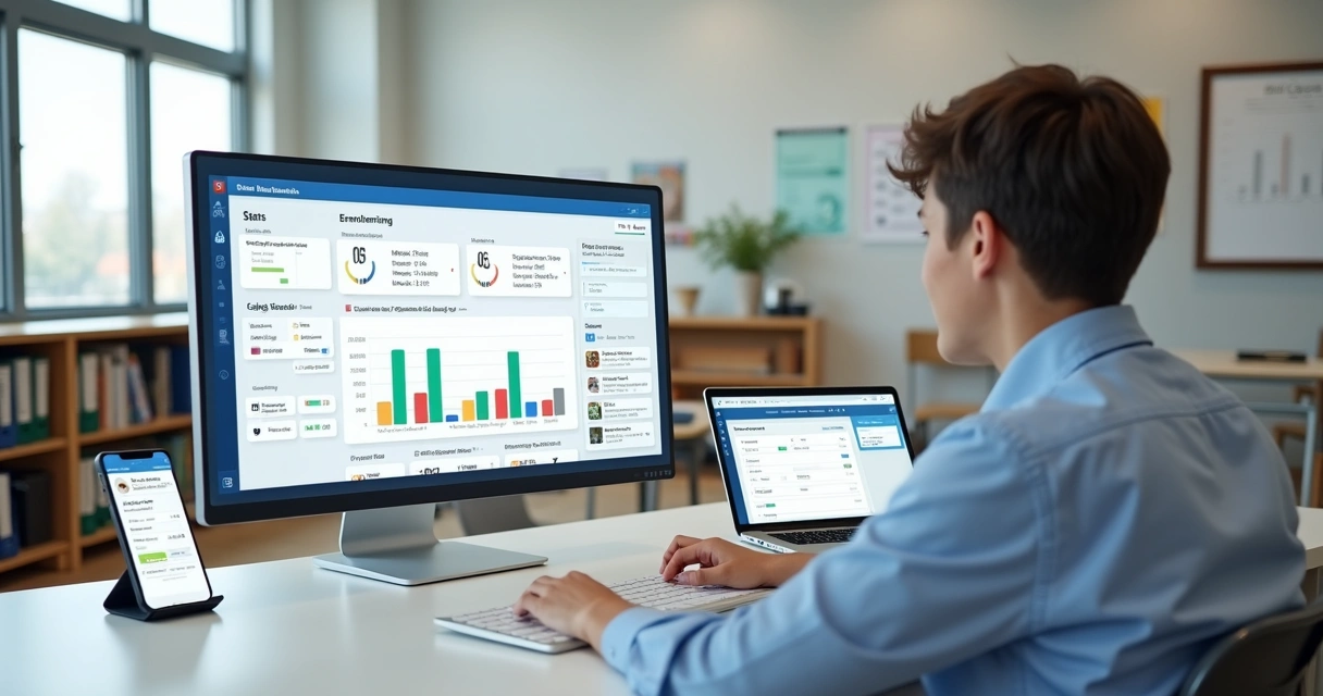 Gestor escolar analisando painel digital de controle de matrículas