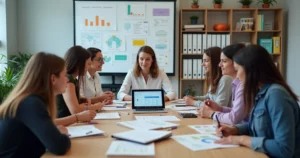 Diretor escolar e equipe reunidos em sala planejando a gestão da escola