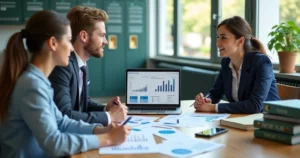 Gestora escolar analisando gráficos de inadimplência em reunião com pais