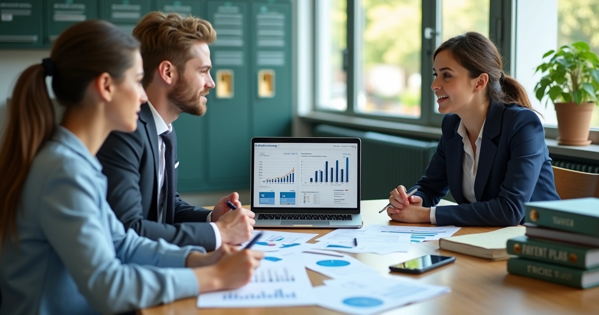 Gestora escolar analisando gráficos de inadimplência em reunião com pais