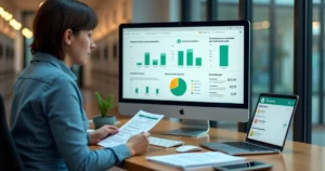 Gestor escolar analisando painel financeiro com dados de inadimplência