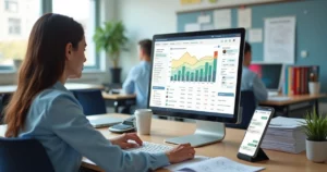 Gestor escolar analisando inadimplência em painel financeiro digital