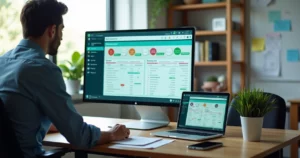 Gestor educacional analisando painel digital de gestão de cursos na tela do computador