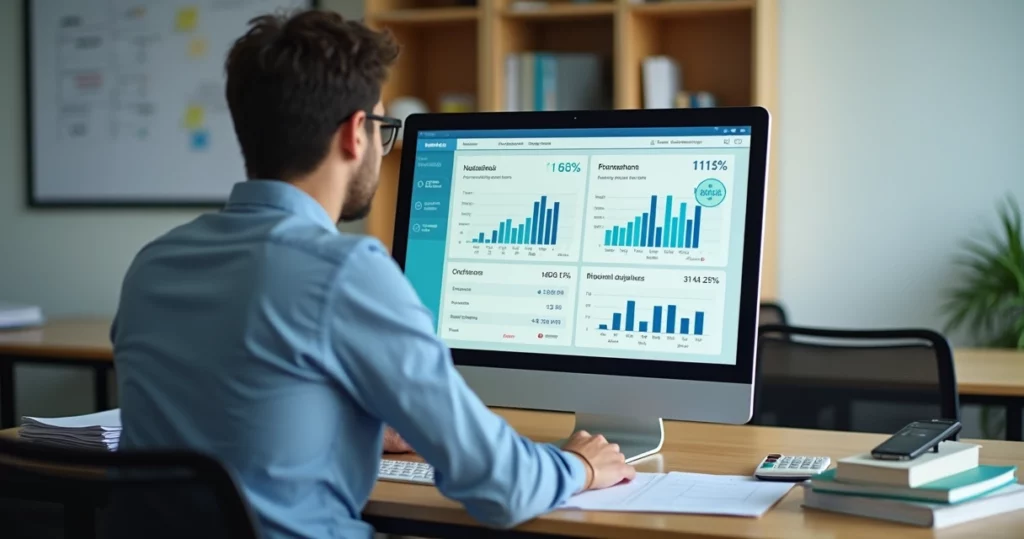 Gestor escolar analisando retorno financeiro de sistema de gestão no computador