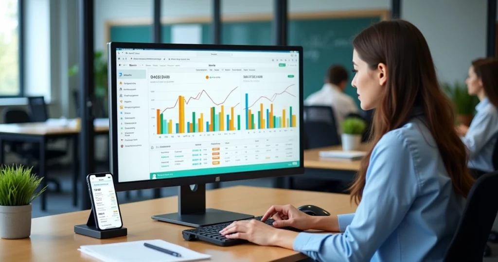 Gestor escolar analisando controle financeiro no computador em sala de reunião