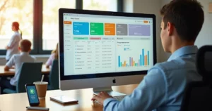 Gestor escolar analisando painel de sistema de gestão em computador na secretaria