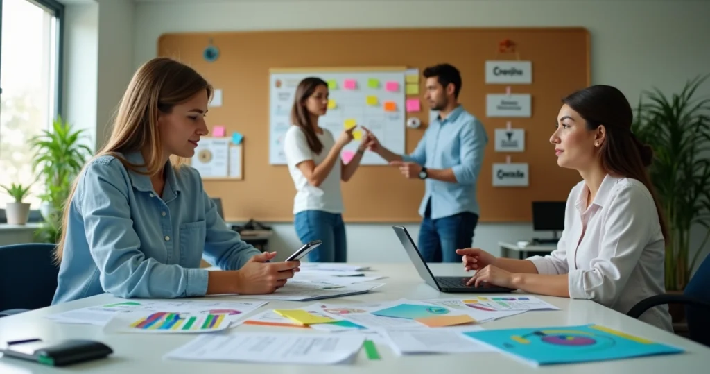 Equipe de marketing escolar organizando campanha de captação com celular e tablet