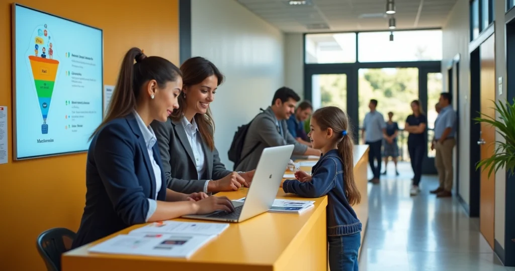Equipe escolar recebendo pais e alunos na recepção da escola