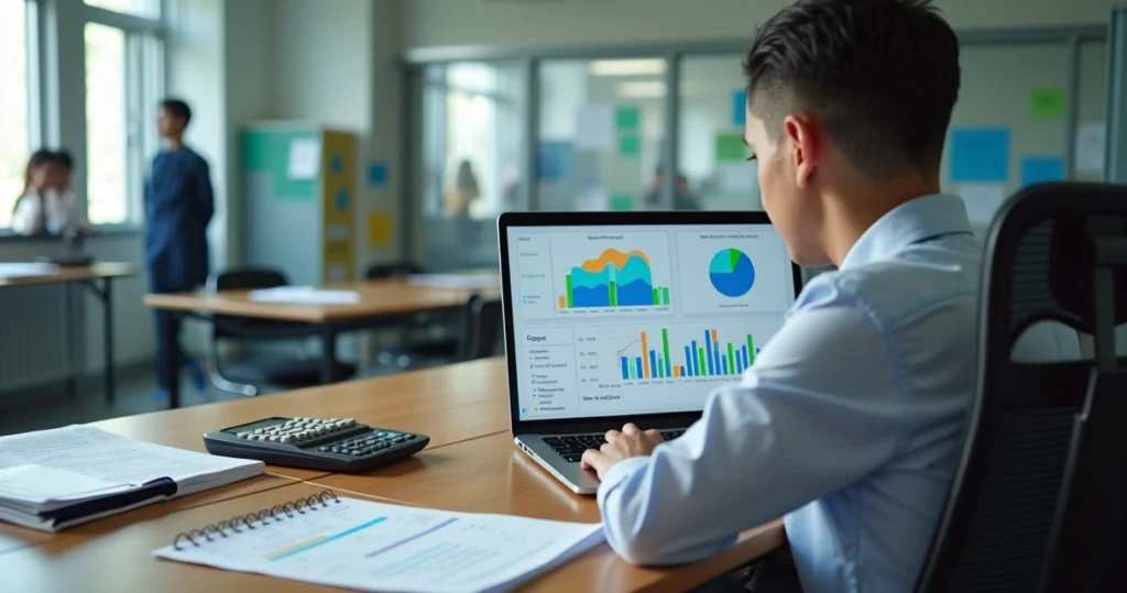 Gestora escolar analisando gráficos financeiros no computador em sala de reunião