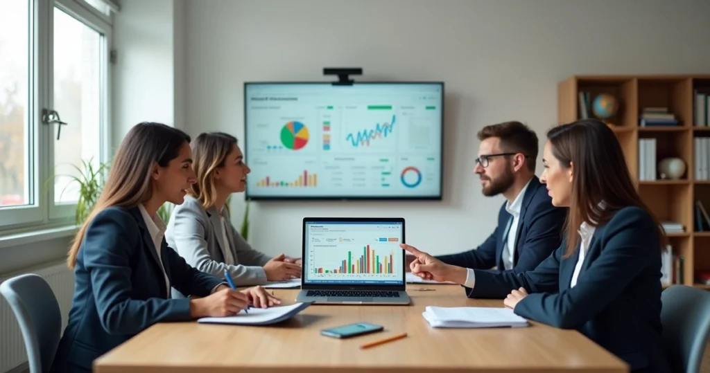 Equipe escolar analisando controle financeiro digital em painel com gráficos