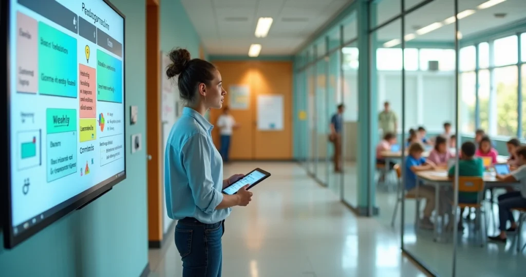 Coordenadora observando sala com alunos e painel digital no corredor escolar