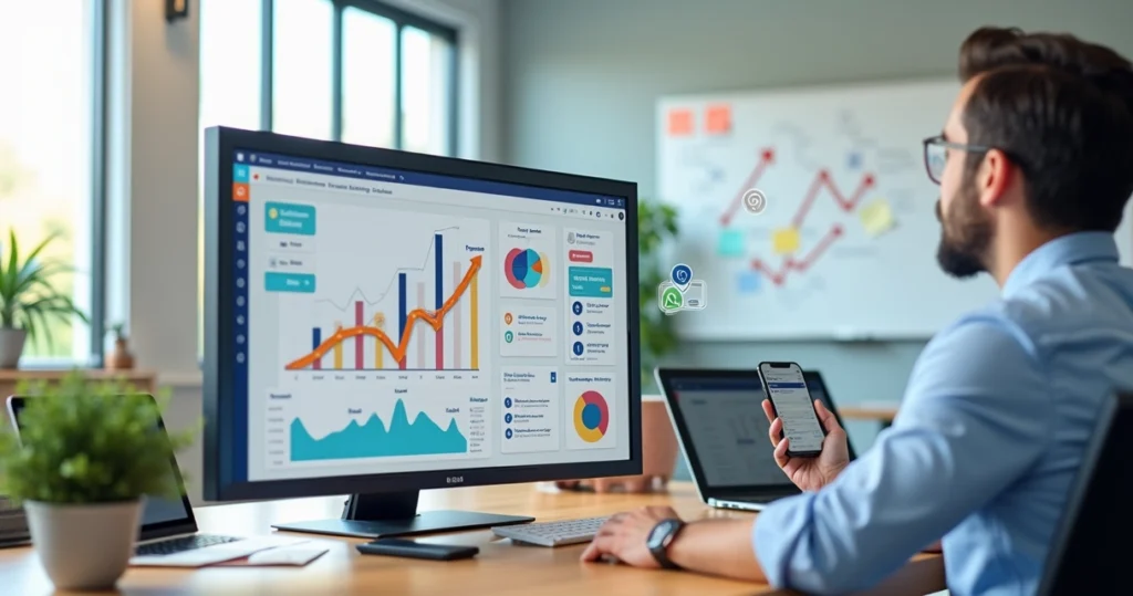 Gestor escolar analisando funil de matrículas em painel digital com gráficos