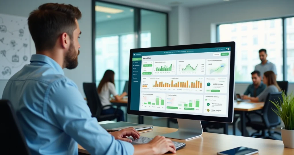 Gestor analisando sistema de gestão de cursos em tela grande com alunos ao fundo