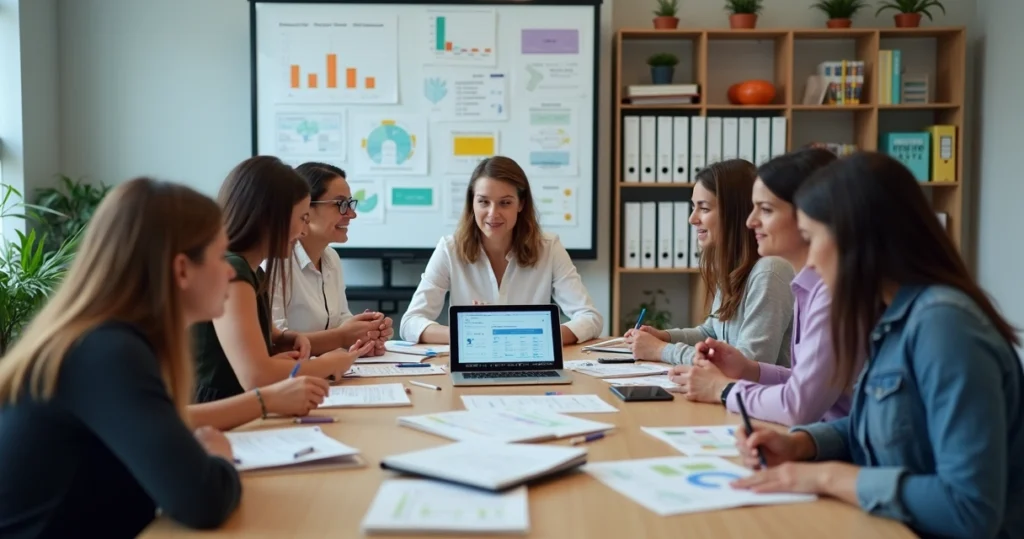 Diretor escolar e equipe reunidos em sala planejando a gestão da escola