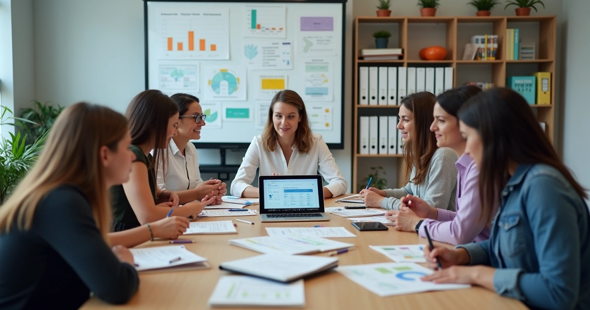 Diretor escolar e equipe reunidos em sala planejando a gestão da escola