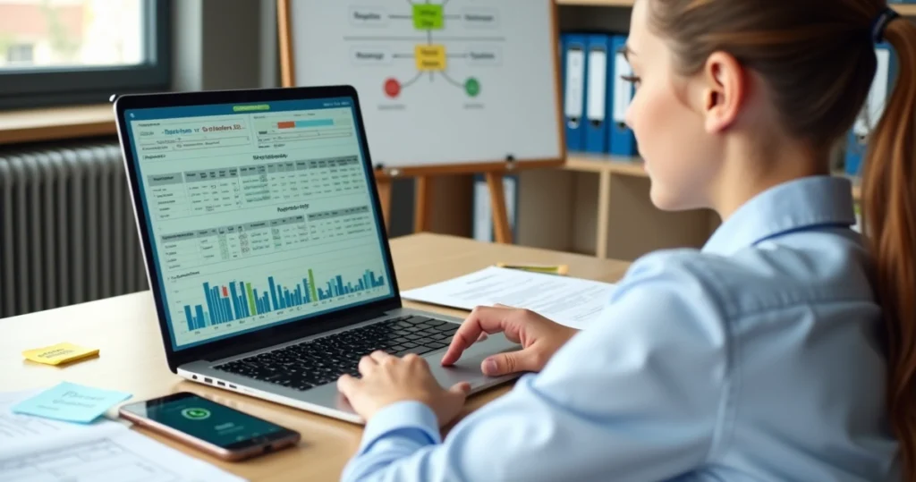 Gestor escolar analisando plano de gestão com gráficos e cronograma em notebook