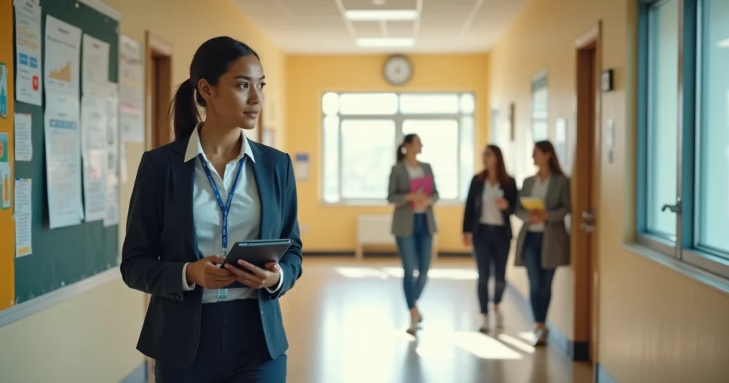 Gestor escolar caminhando em corredor organizando rotina com tecnologia