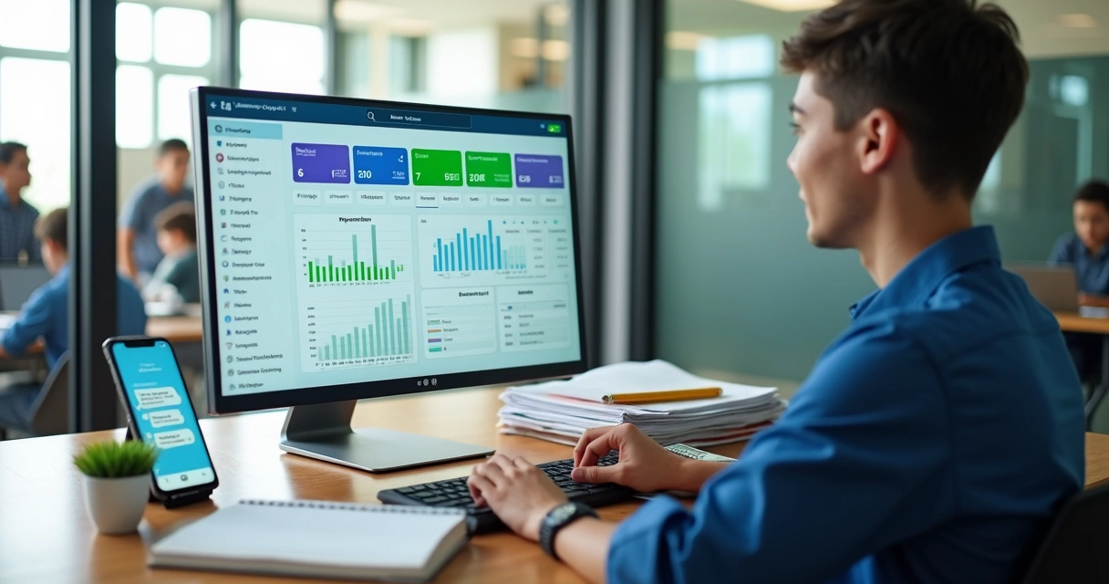 Gestor escolar analisando painel financeiro digital para reduzir inadimplência escolar