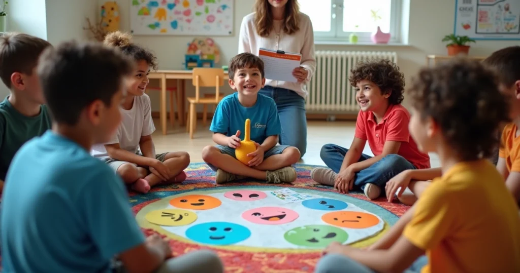 Alunos e professora em roda de conversa sobre habilidades socioemocionais em sala de aula