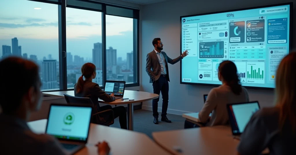 Instrutor de curso livre em sala moderna usando painel digital integrado a celular e plataforma online